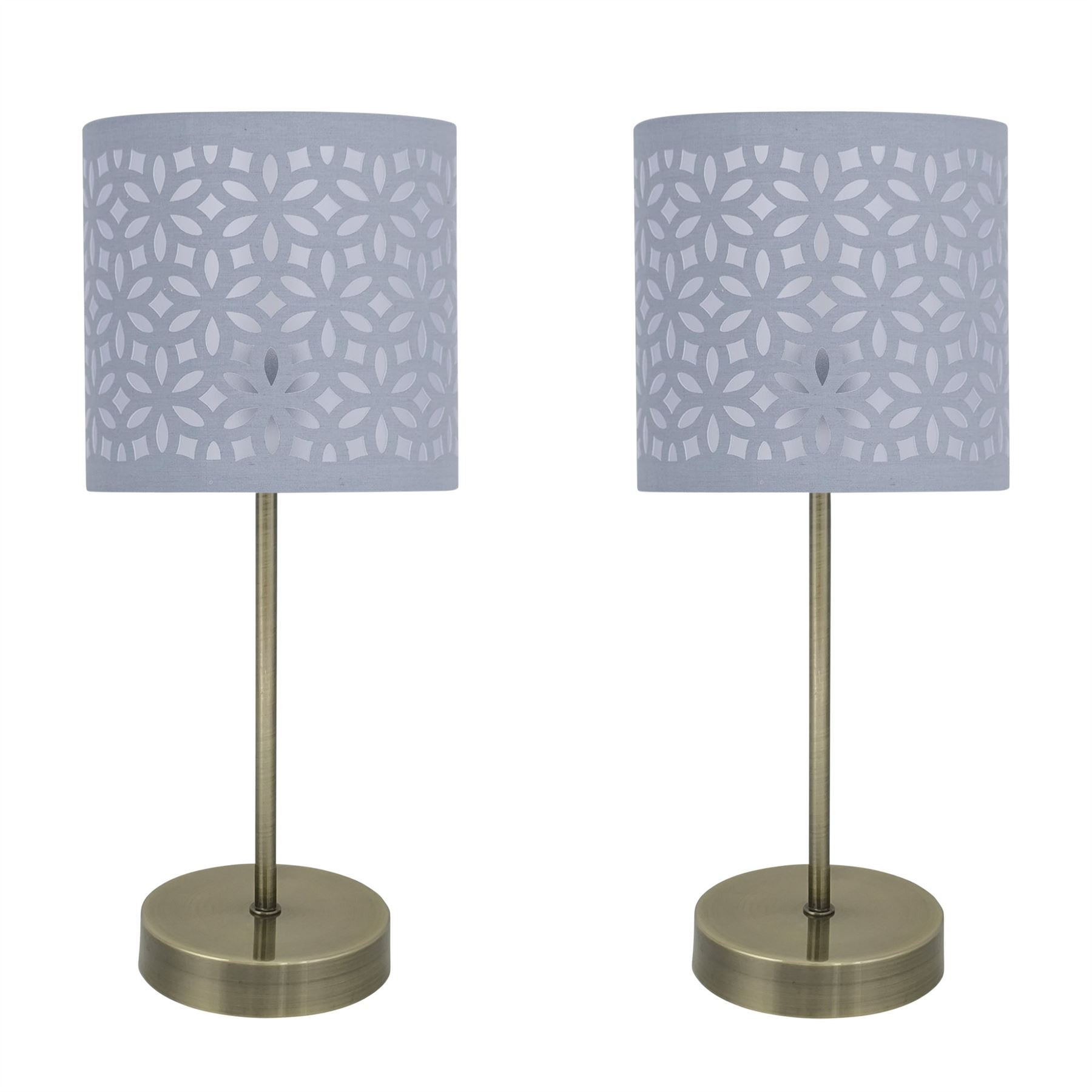 First Choice Lighting Set of 2 Antique Brass Stick Table Lamps with Grey Laser Cut Shades in Bronze
