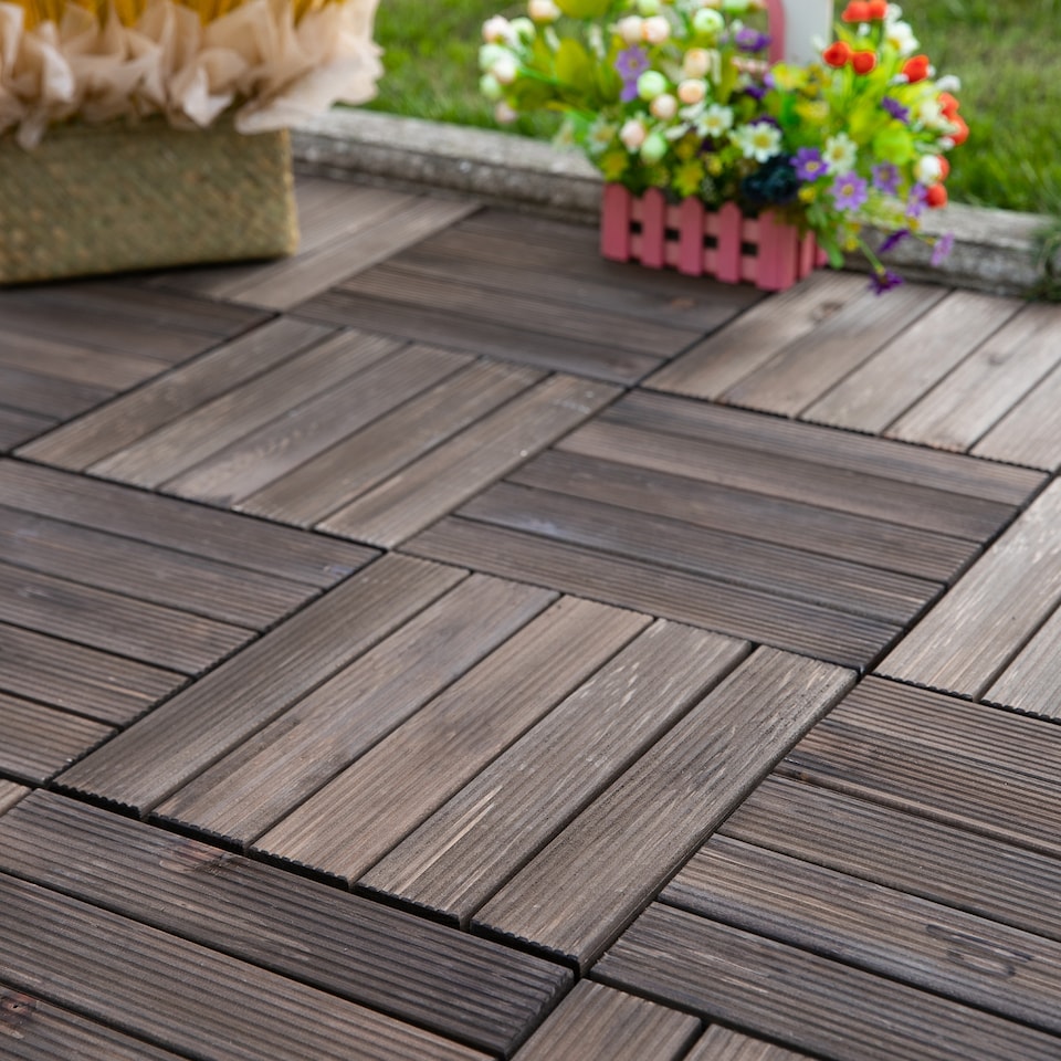image 1 of Outsunny 27pc Floor Tiles Interlocking Solid Wood DIY Deck Tiles Outdoor Black