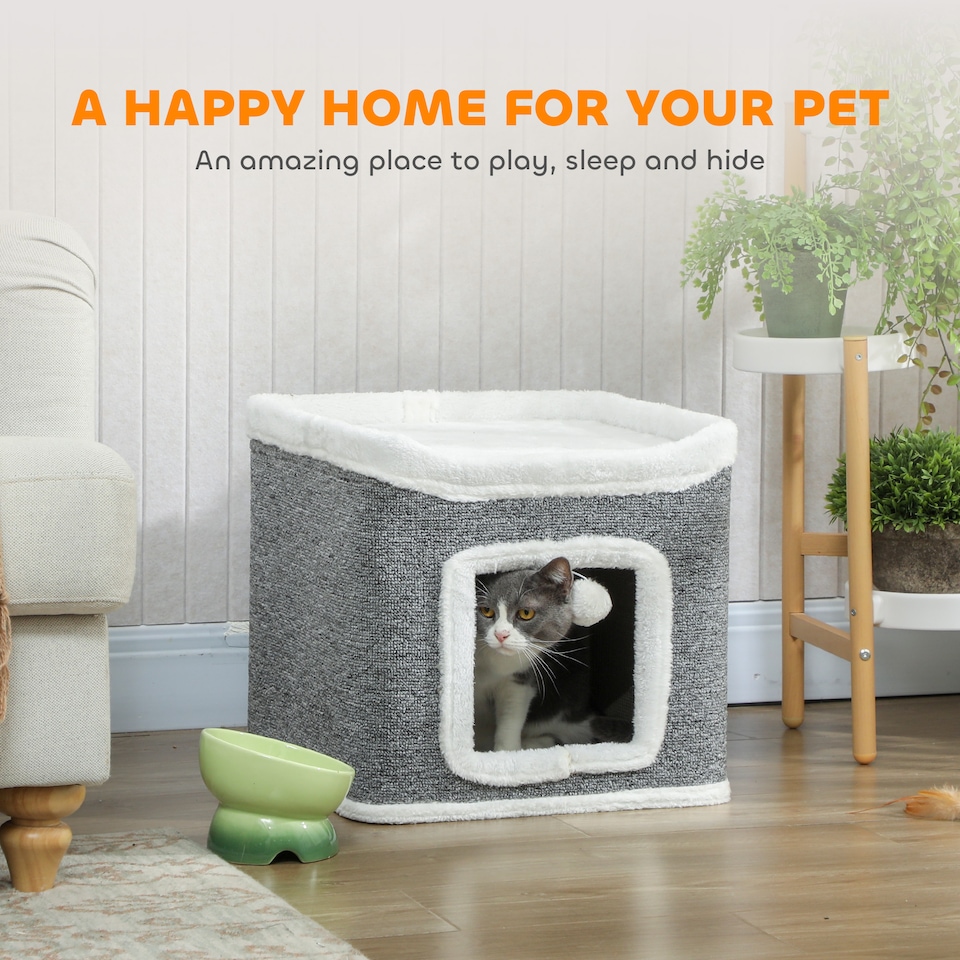 image 1 of PawHut Cat House for Indoor Kittens, 2-Level Cat Cave Bed with Fluffy Balls, Flush Top Bed, Kitten Barrel for Multi Kitties, Grey