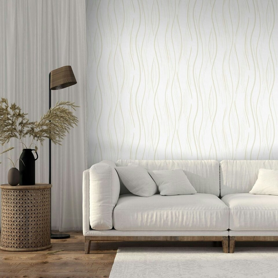 image 1 of World Of Wallpaper Shimmer Wave Textured Wallpaper - Natural Beige/Gold - 10m x 53cm Cream