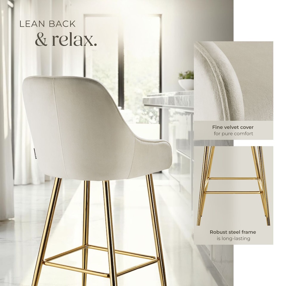 image 1 of Bar Stool Avane - with backrest, upholstered, velvet look | Cream | cream/gold | 57 x 48,50 x 108 cm | 4