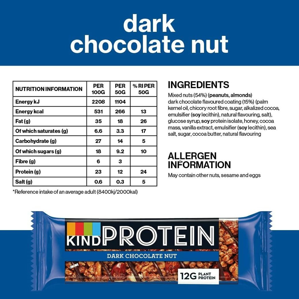 image 1 of KIND Protein Bars, Gluten Free Snack, Dark Chocolate Nut, High Fibre, Source of Protein, No Artificial Colours, Flavours or Preservatives, Multipack 12 x 50g