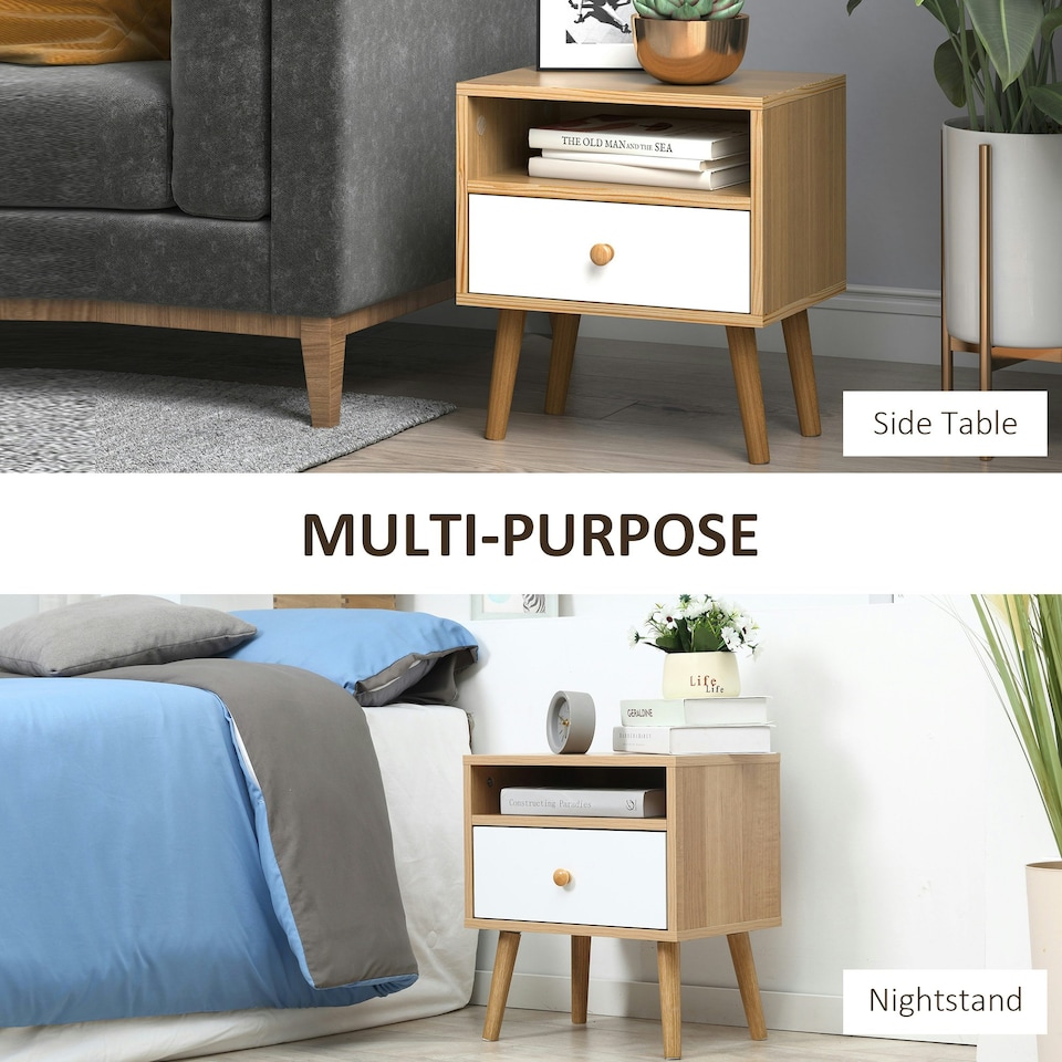 image 1 of HOMCOM Bedside Table Modern Nightstand Bedside Cabinet w/ Drawer Shelf Natural