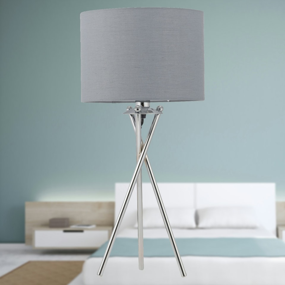 image 1 of First Choice Lighting Set of 2 Chrome Tripod Table Lamps with Grey Cotton Shades Chrome | Grey