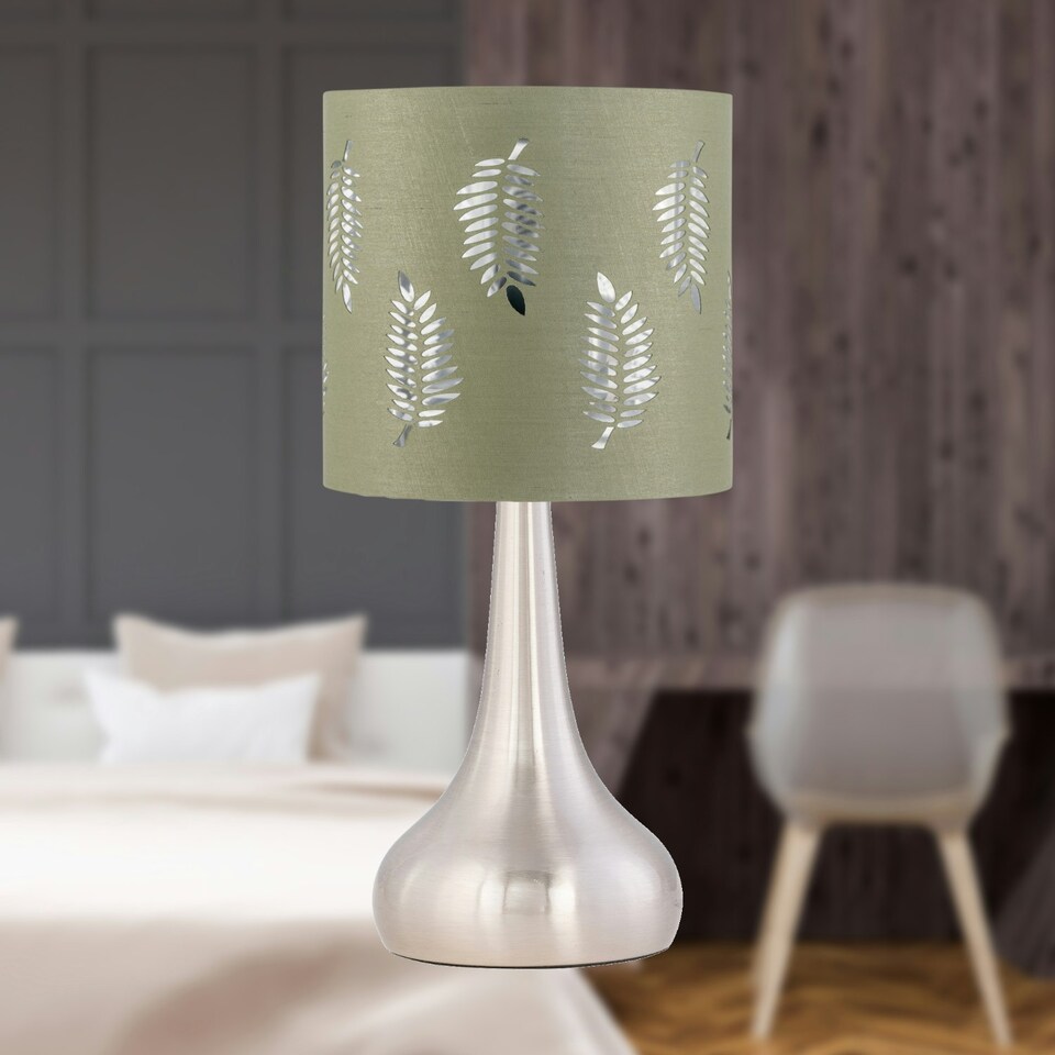 image 1 of Romana - Brushed Chrome Touch Table Lamp with Sage Green Fern Shade Silver | Green