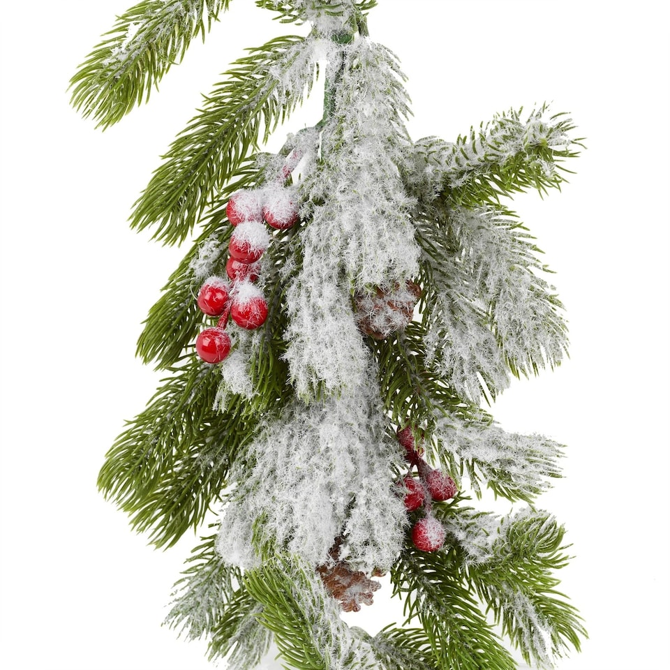 image 1 of 76cm Snowy Christmas Branch Flocked Pine Cone Red Holly Berries Pick Xmas Decor | Multi | 1