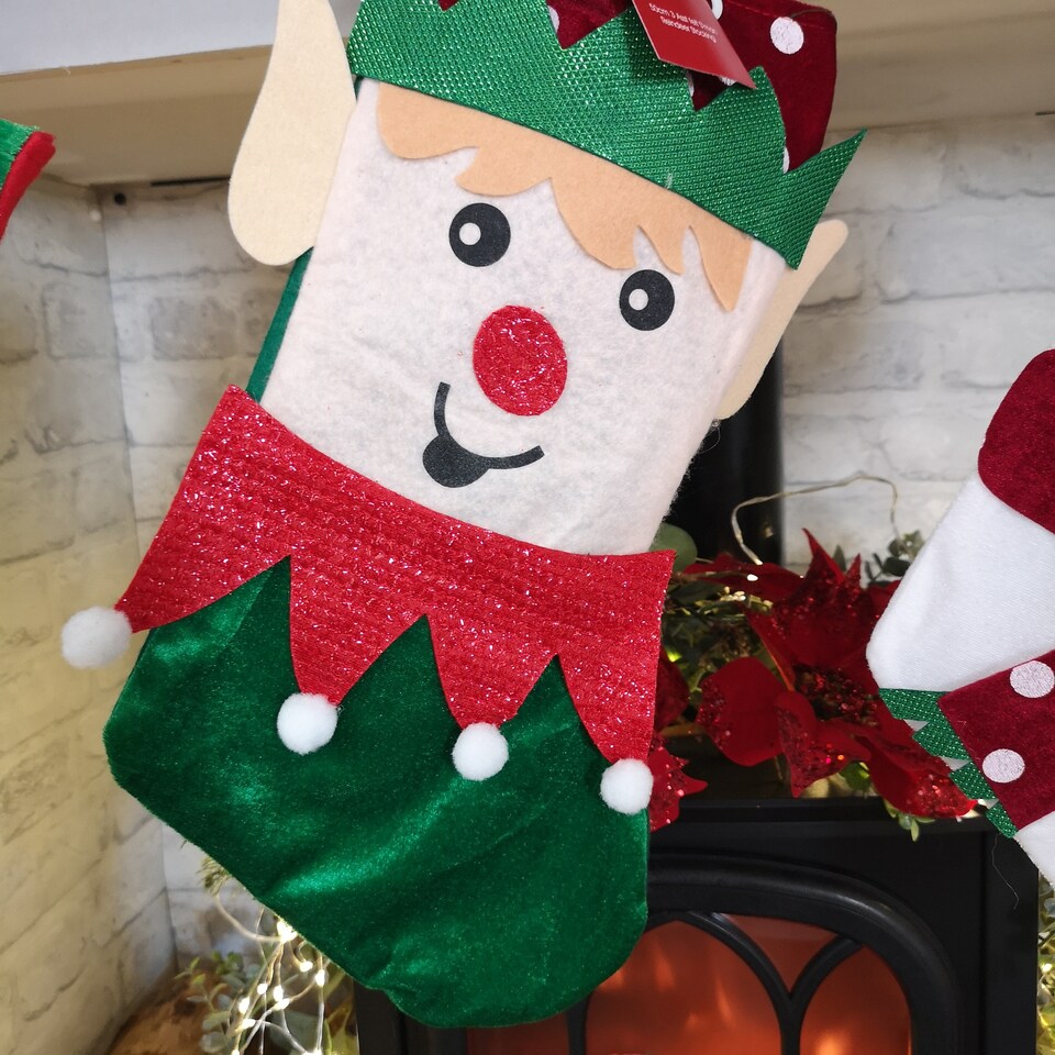 image 1 of Bulk of 36 Hanging Christmas Stockings with 3 Different Designs - Santa, Snowman & Elf
