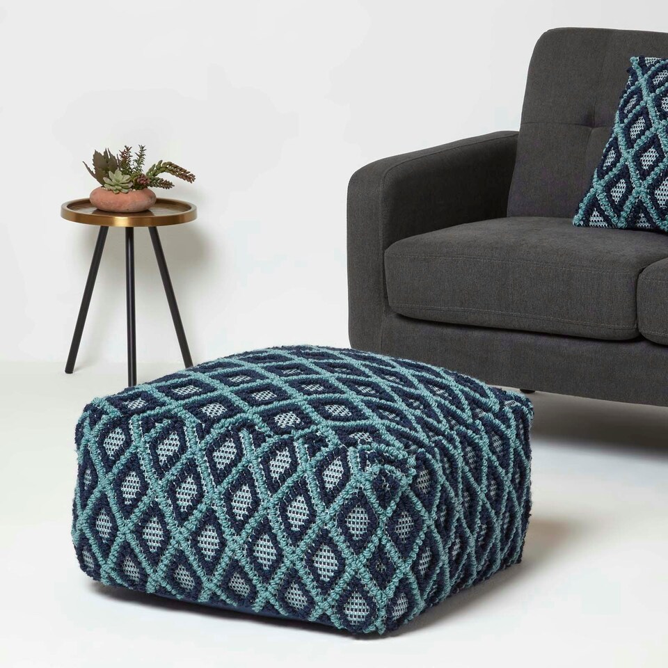 image 1 of Homescapes Tula Handwoven Textured Navy & Teal Pouffe Bean Cube