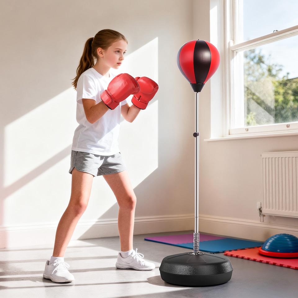 image 1 of HOMCOM Punching Bag with Stand, 126144 cm Height Adjustable Boxing Set Free Standing Speed Bag with Gloves and Air Pump for Teenagers Home Gym Workout