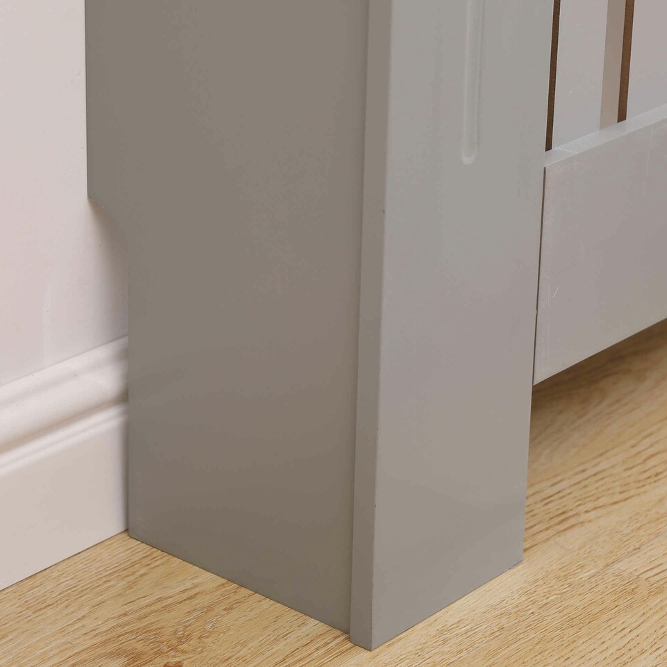image 1 of Oypla Large Grey Wooden Slatted Grill Radiator Cover MDF Cabinet
