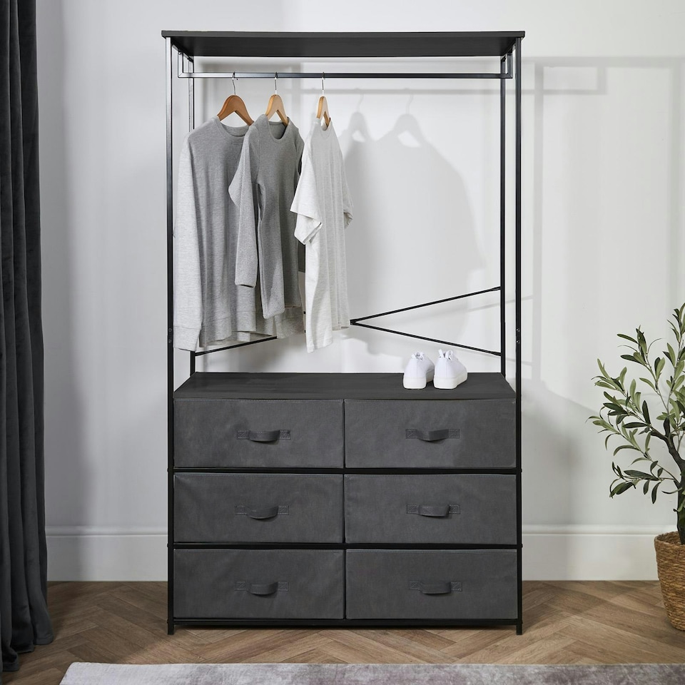 image 1 of OHS Brooklyn 6 Drawer Home Storage Fabric Display Cabinet With Hanging Rail Grey