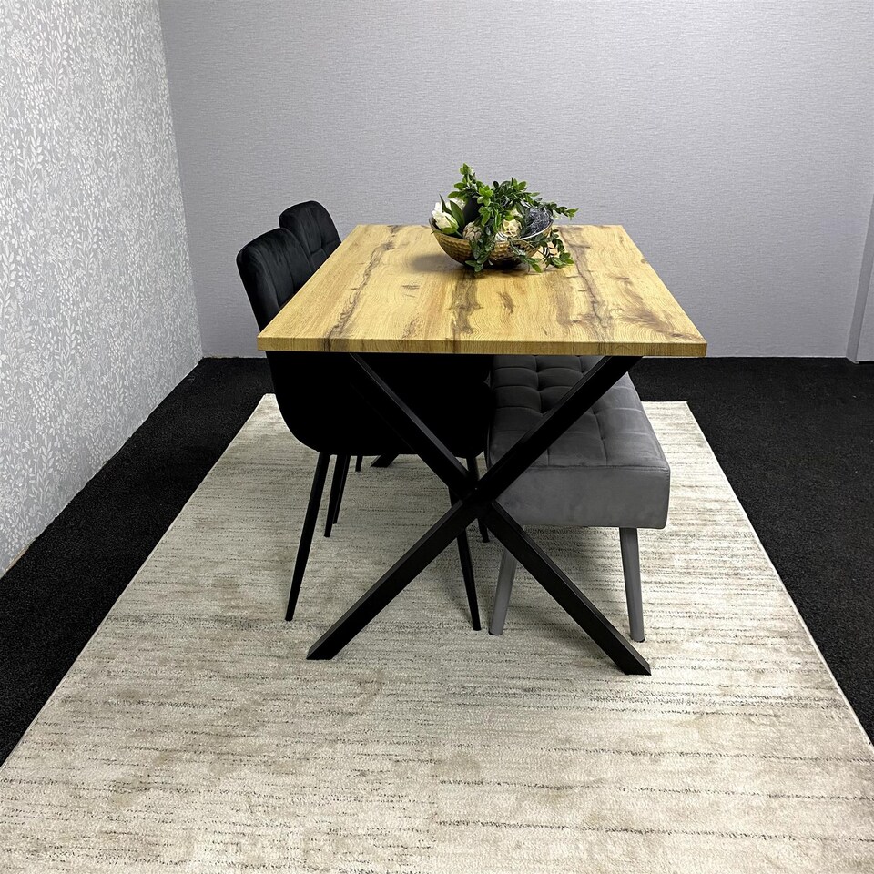 image 1 of Modern Dining Table Set with Padded Bench and 2 Black Velvet Chairs, Stylish Kitchen or Dining Room Furniture