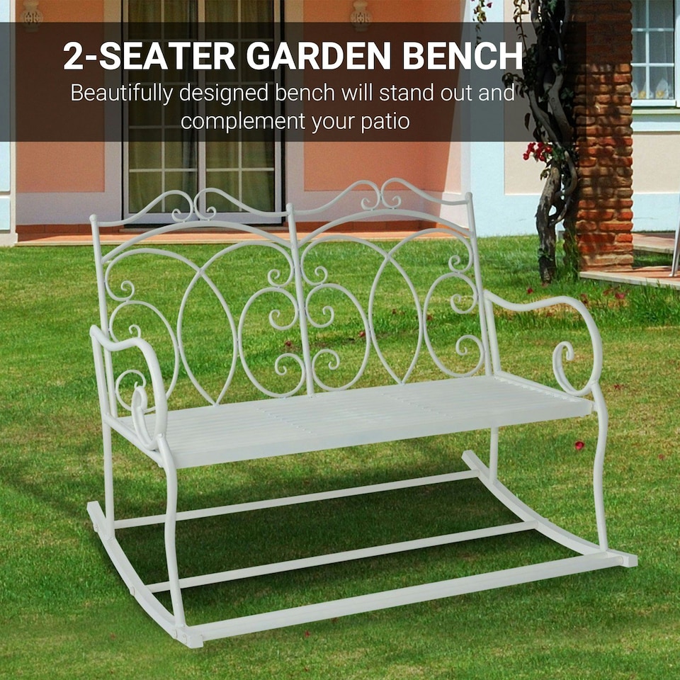 image 1 of Outsunny 2 Seater Metal Garden Bench Outdoor Rocking Chair Patio White