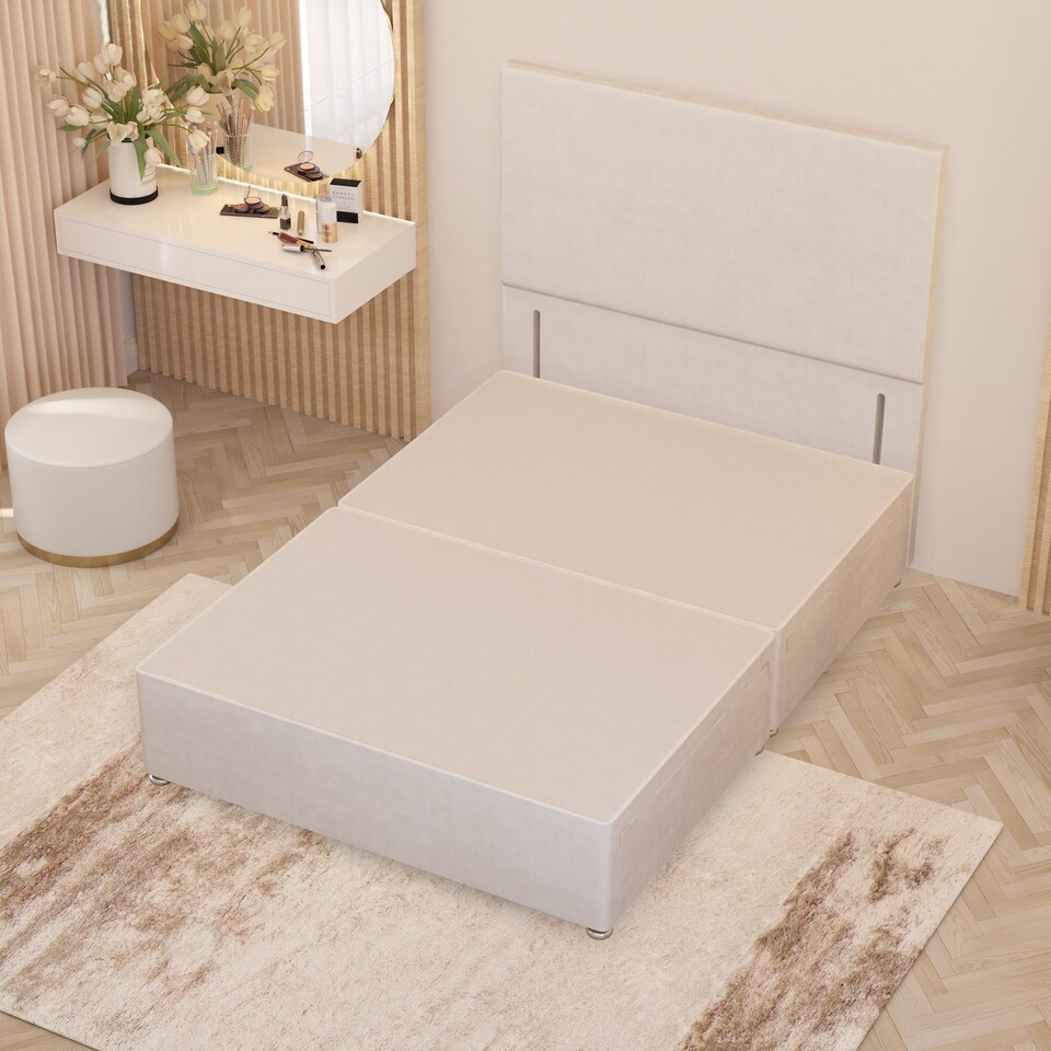 image 1 of Divan Bed Base with 2 Drawers & Plain Floor Standing Headboard Plush Velvet | White | White