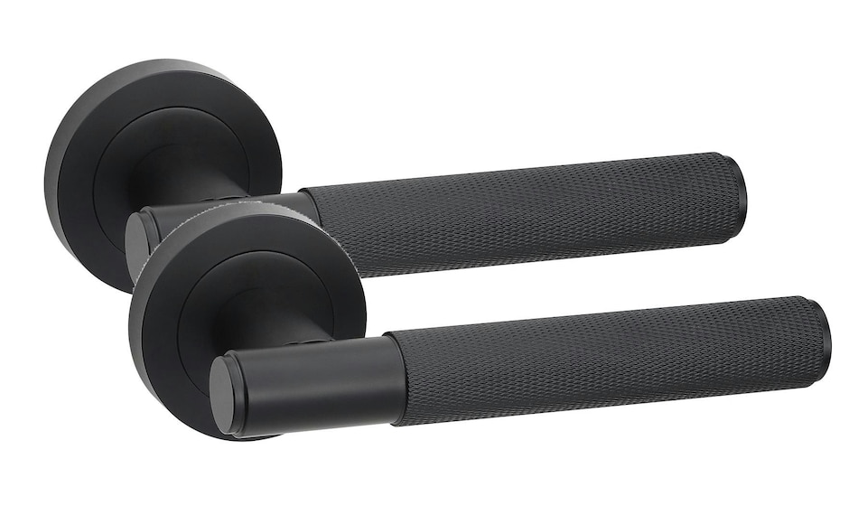 image 1 of Golden Grace Knurled T-Bar Bathroom Door Handle Set in Matt Black with Thumbturn and Mortise Lock | Black | 1 Set
