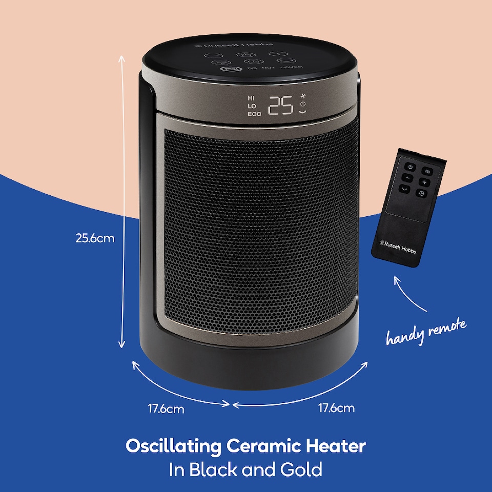 image 1 of Russell Hobbs RHCH2002G Space Heater in Black & Gold Round 1500W Portable Electric Heater