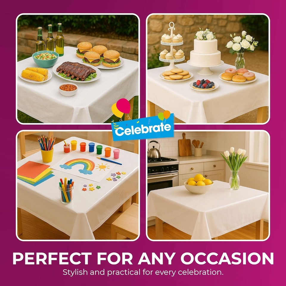 image 1 of 3pk White Tablecloths 121×121cm – Disposable Plastic Party Covers with Heavy Duty Spill Protection for Weddings, Buffets & Events