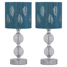 First Choice Lighting Set of 2 Chrome Two Ball Table Lamps with Teal Fern Shades Chrome | Green