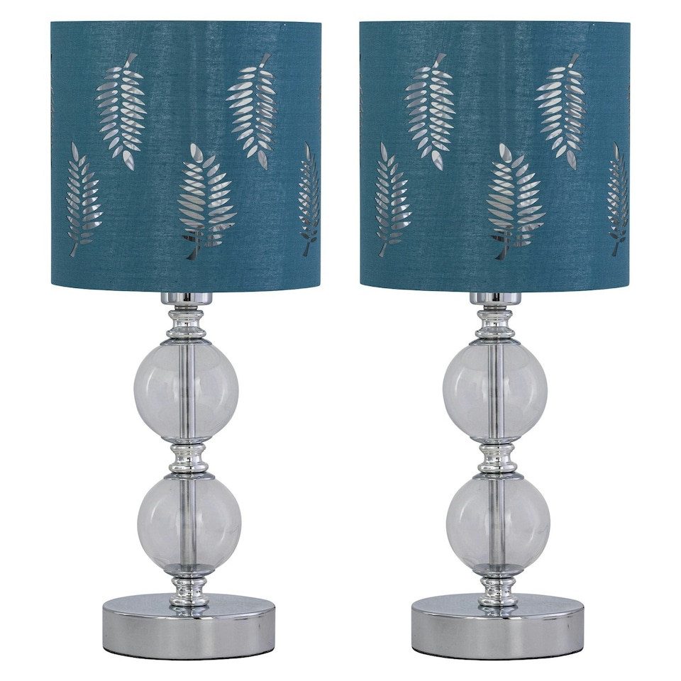image 1 of First Choice Lighting Set of 2 Chrome Two Ball Table Lamps with Teal Fern Shades Chrome | Green