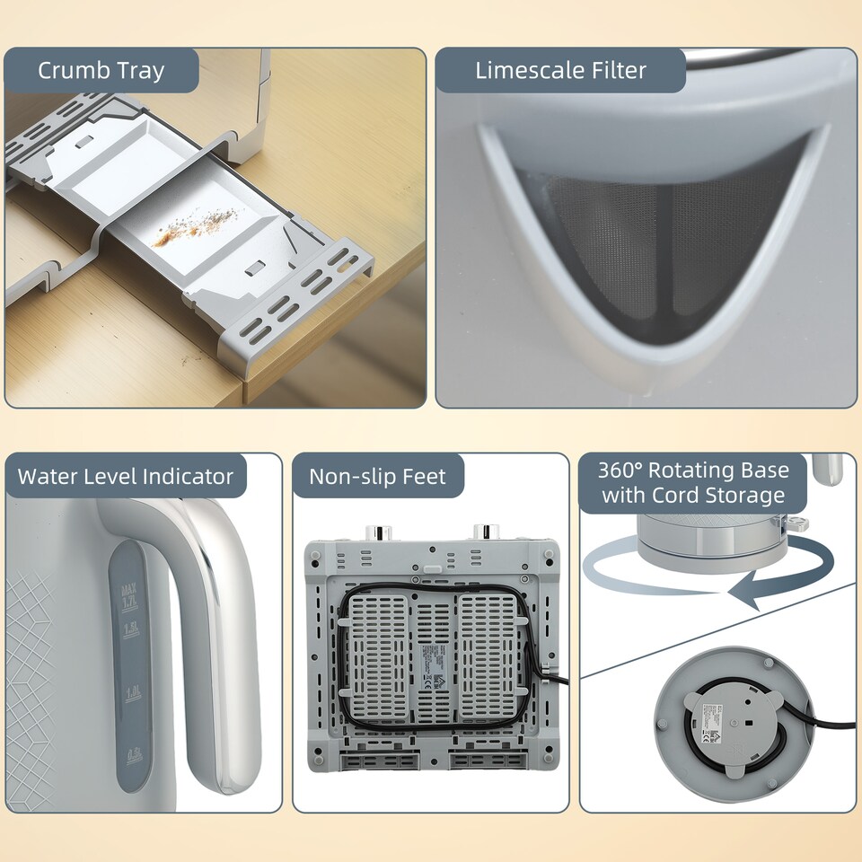 image 1 of HOMCOM Kettle and Toaster Set, 1.7L 3000W Rapid Boil Jug Kettle with Otter Thermostat, Limescale Filter, 4 Slice Toaster with 7 Browning Controls, Crumb Tray, Grey | Grey