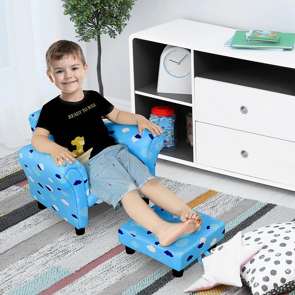 image 1 of HOMCOM Kids Armchair Children Mini Sofa Wood Frame w/ Footrest Cute Cloud Star