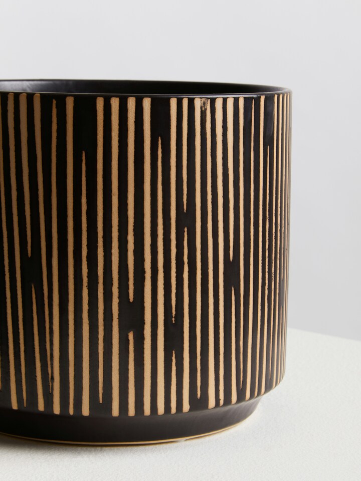 image 1 of Orsina Large Black & Cream Ceramic Planter for Home, Handcrafted Modern Tall Cylindrical Planter In Black and Cream