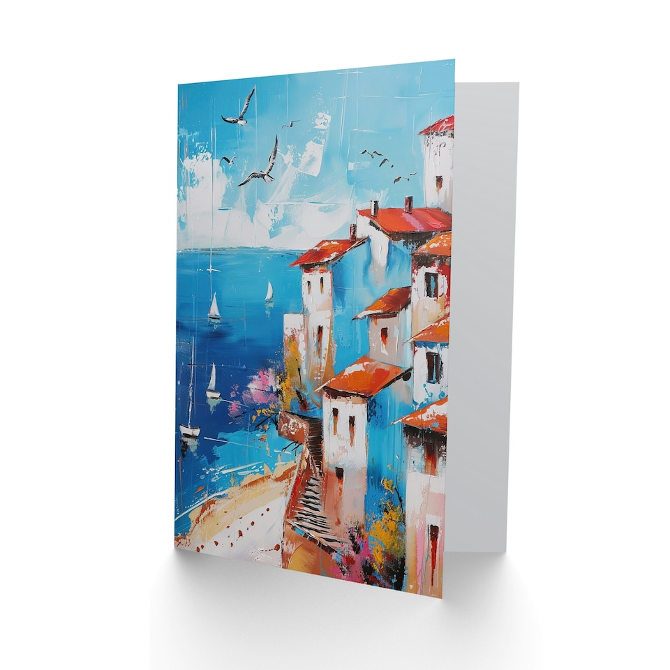 image 1 of Coastal Town Beach Sailboats Abstract Him Her Birthday Card