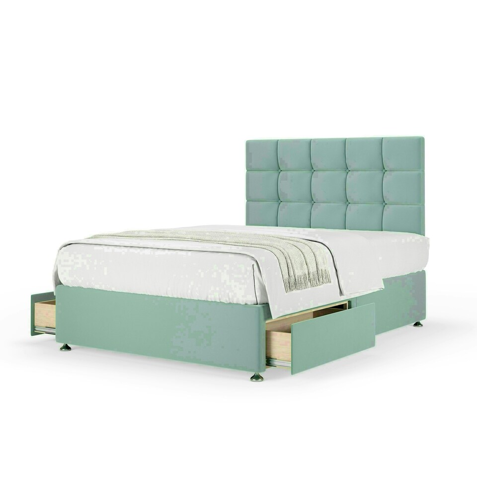 Duckegg Plush Velvet 2 Drawer Divan Base and Pearl Headboard Double