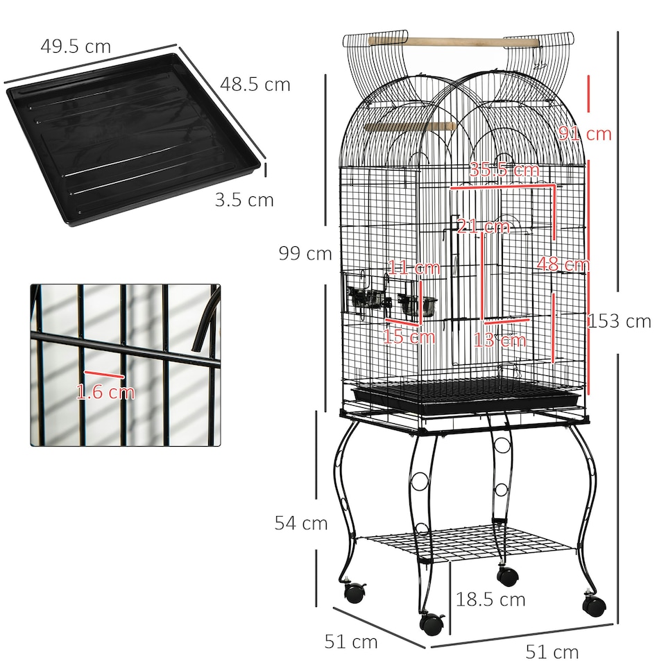image 1 of PawHut 1.53(m) Bird Cage, Parrot Finch Macaw Conure w/ Perch, Wheels, Stand