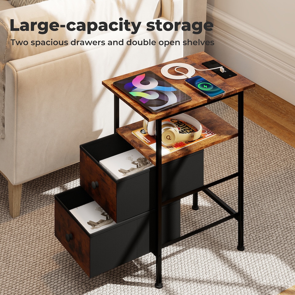 image 1 of Levede Bedside Table Cabinet Storage Nightstand Charging Station 2 Drawers