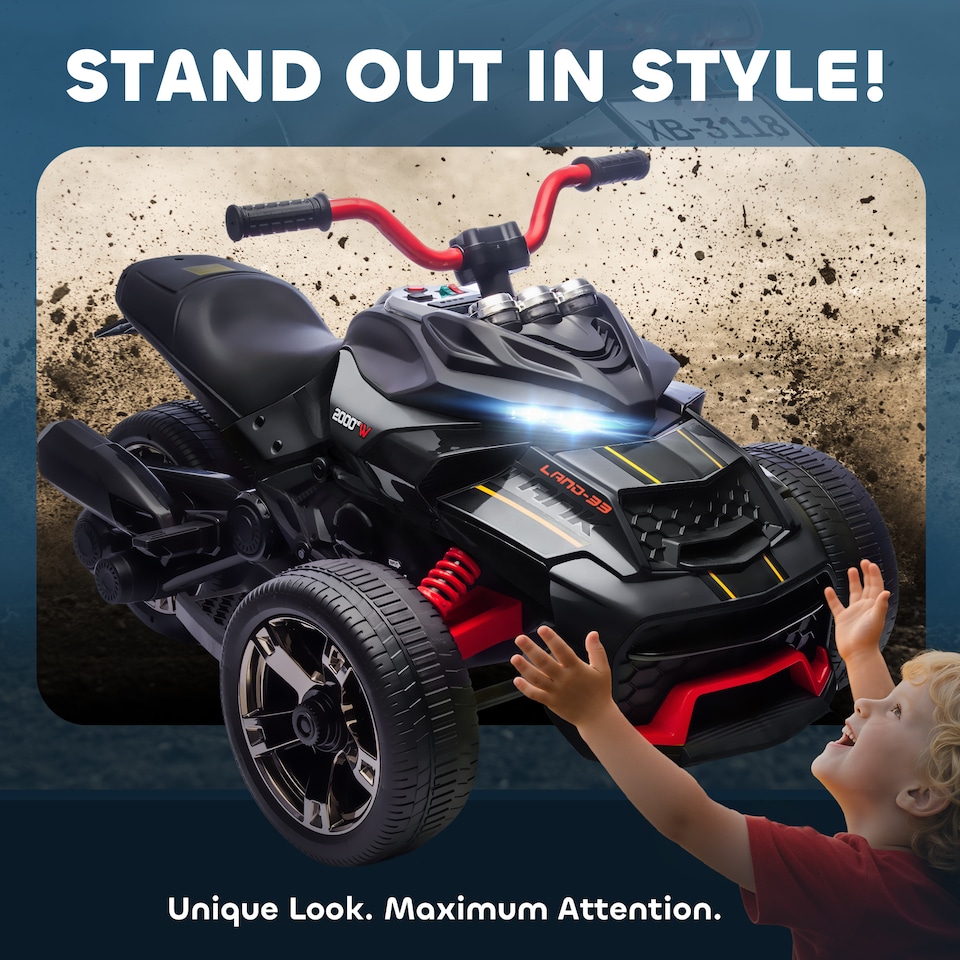 image 1 of AIYAPLAY Kids Electric Ride On Car, 12V Battery Powered Ride On ATV with MP3 Player, Horn, 2 Speeds, LED Lights, 3 Wheeler Electric Vehicle Toy Car for Boys & Girls Ages 3-8 | Black