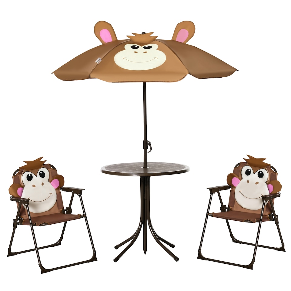 image 1 of Outsunny Kids Foldable Four-Piece Garden Set w Table, Chairs, Umbrella - Brown