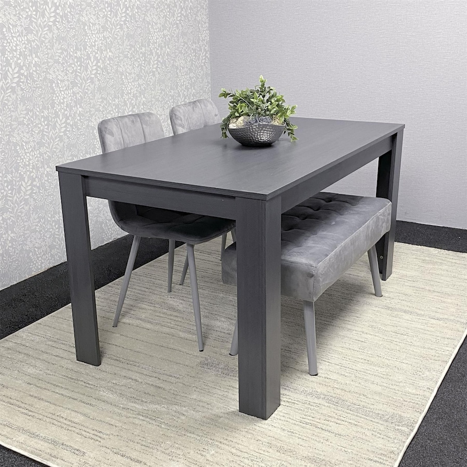image 1 of Modern Dining Set  Dark Grey Table, Bench and 2 Grey Velvet Chairs