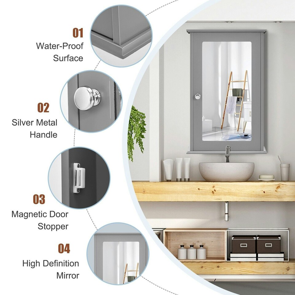 image 1 of COSTWAY Bathroom Mirror Cabinet Wall Mounted Storage Grey Grey