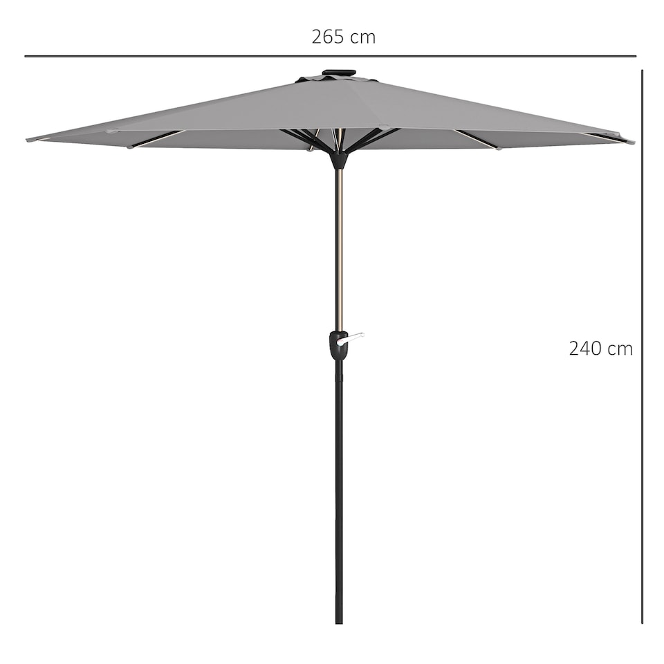 image 1 of Outsunny 2.65m Garden Parasol with Lights, Solar Charged Warm Yellow LED Patio Umbrella with Crank Handle, for Balcony, Outdoor and Lawn Light Grey