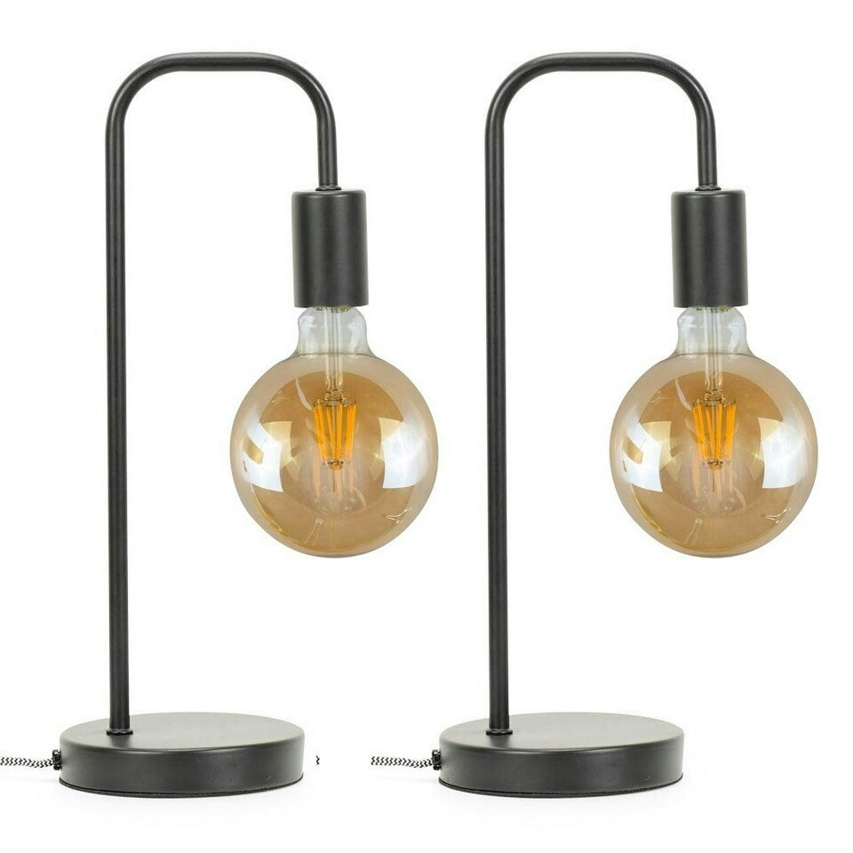 image 1 of ValueLights Bronx Pair of Industrial Style Black Metal Curved Stem Bedside Table Lamps Light - Bulbs Included