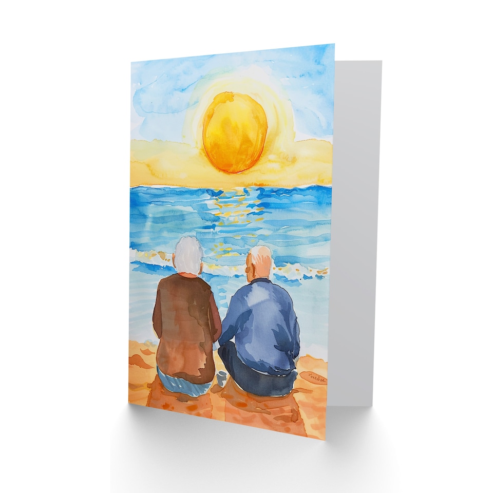 image 1 of Elderly Couple Watching Sunset Beach Watercolour Anniversary Card
