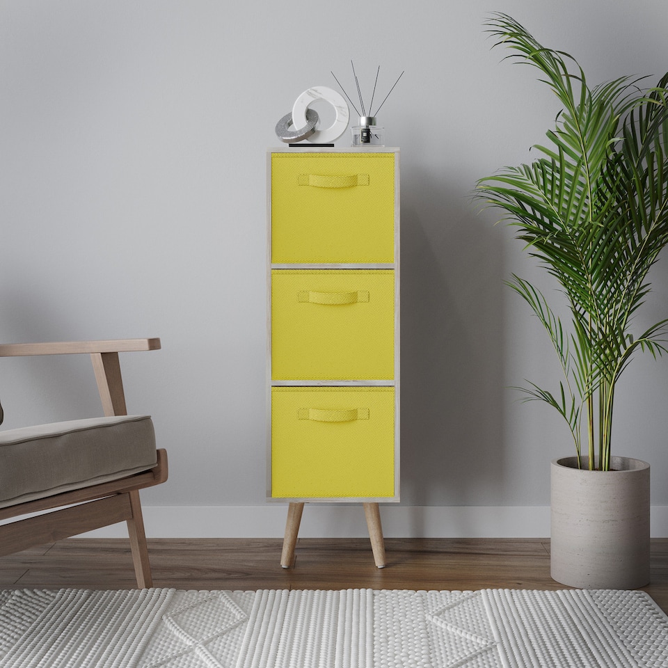 image 1 of Antique Oak 3-Tier 3-Drawer Cube Shelving Unit with Scandinavian Legs | Yellow | Yellow & Beech | 1