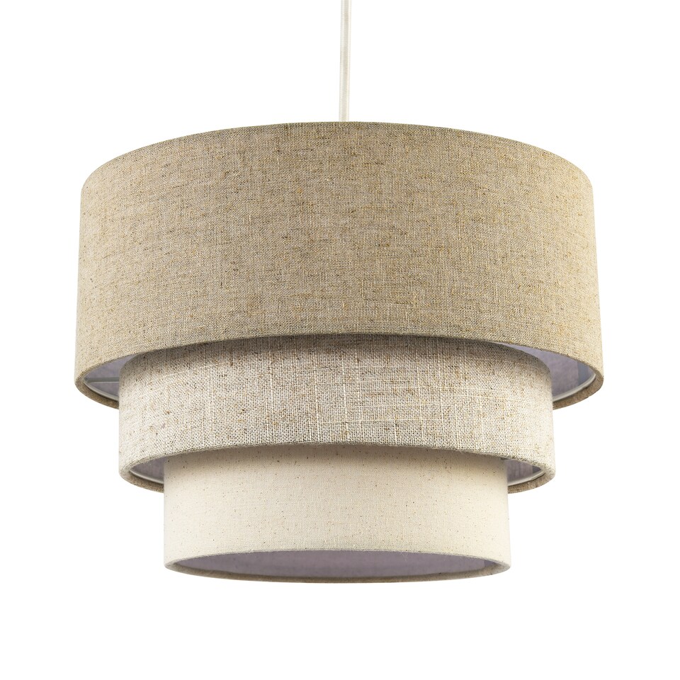 image 1 of Contemporary Round Triple Tier Beige and Oatmeal Linen Pendant Shade