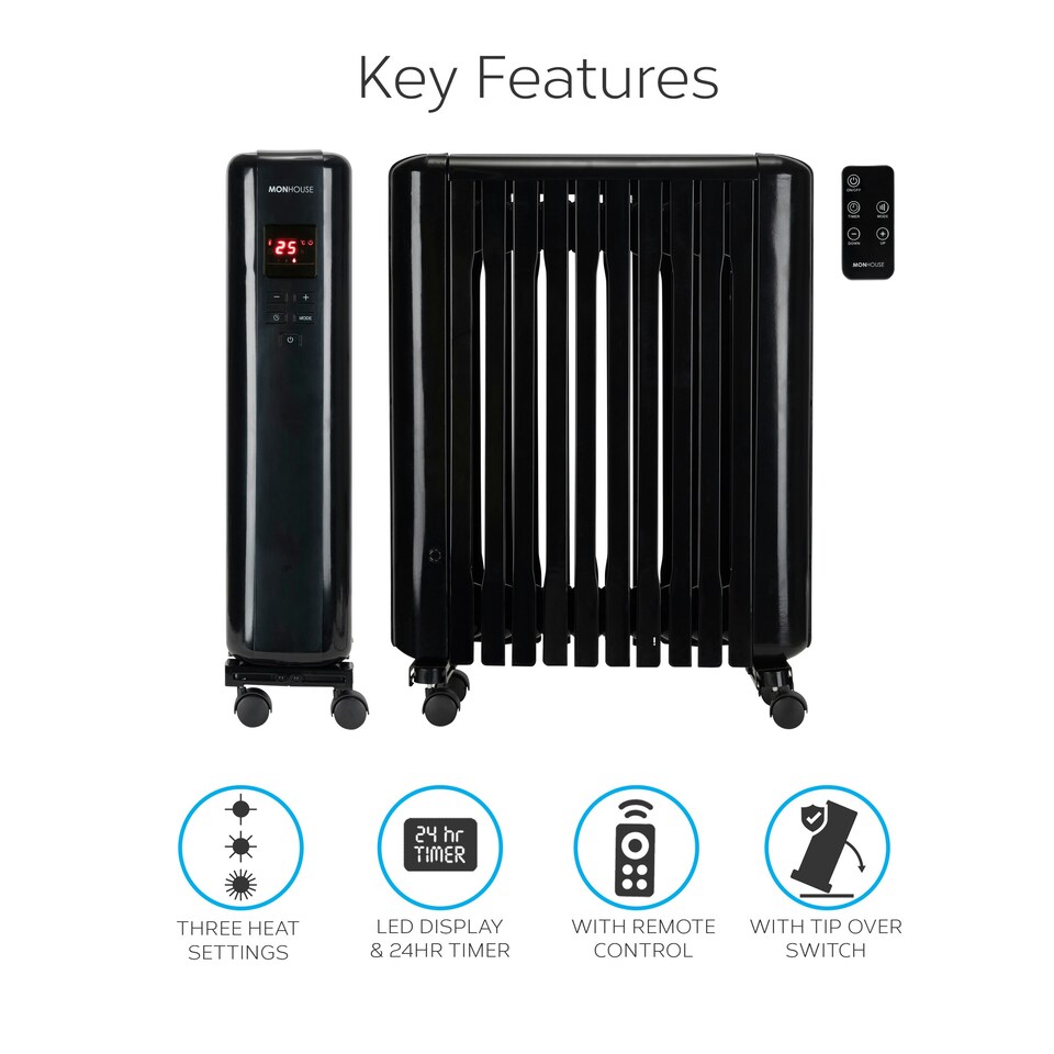 image 1 of MONHOUSE 2500W Digital Oil Filled Radiator - Portable Electric Heater with LED Display & Adjustable Thermostat, Remote Control, Overheat Safety Cut Off - Black
