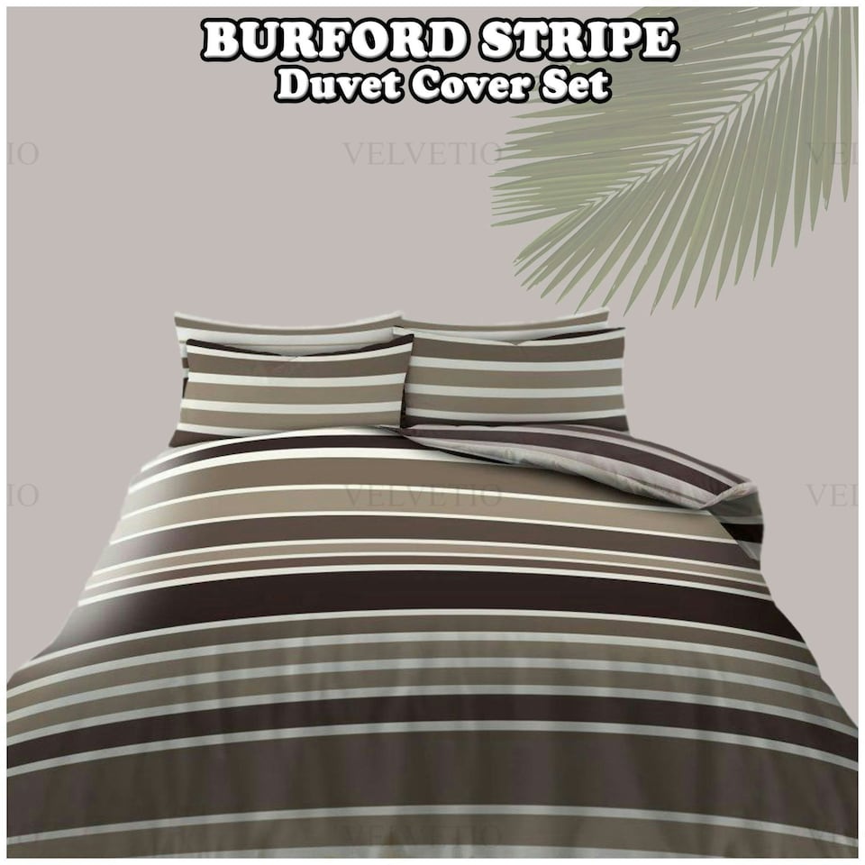 image 1 of VELVETIO Burford Stripe Complete Duvet Cover Set with Fitted Sheet Breathable Bedding Quilt Brown | Natural | King