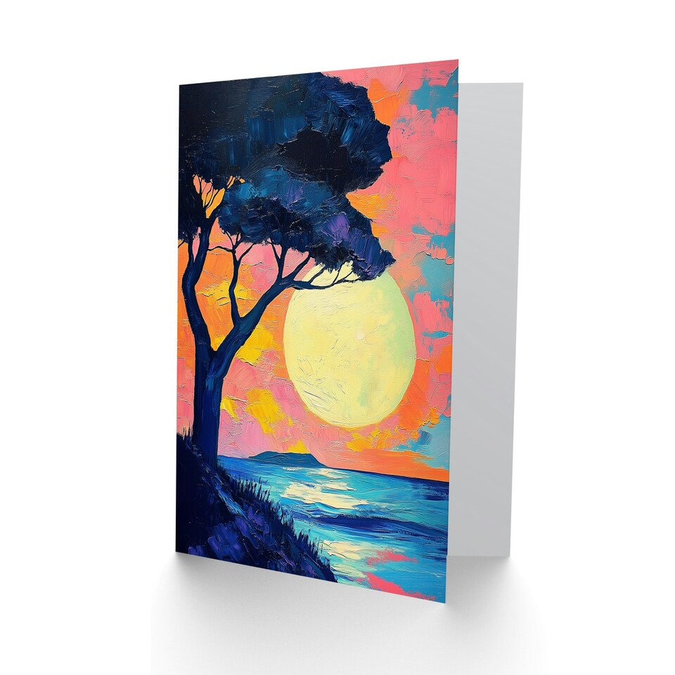 image 1 of Tree Silhouette By Sea Large Sunset Sun Seascape Birthday Greeting Card