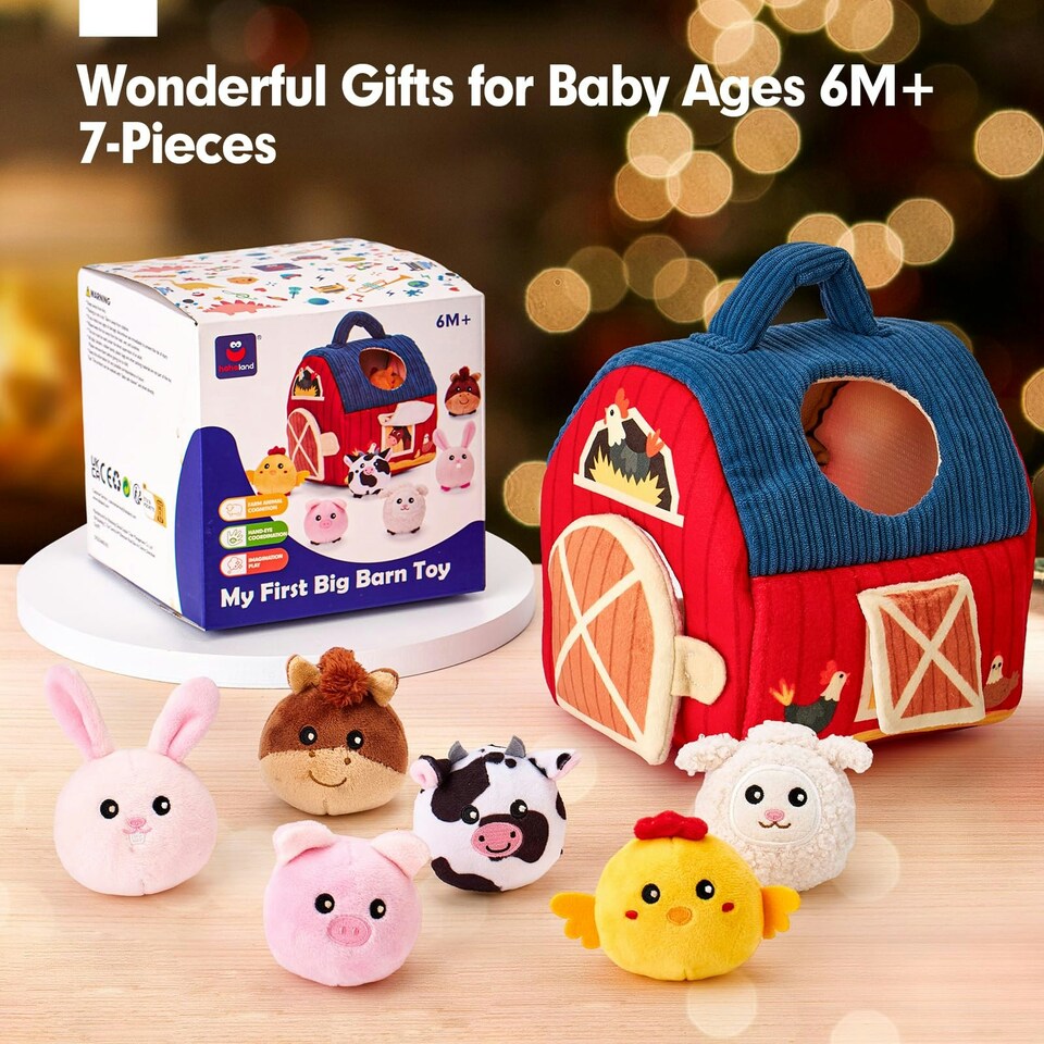 image 1 of Plush Barn with Stuffed Farm Animals, Rattle, Crinkle Paper & Baby Mirror