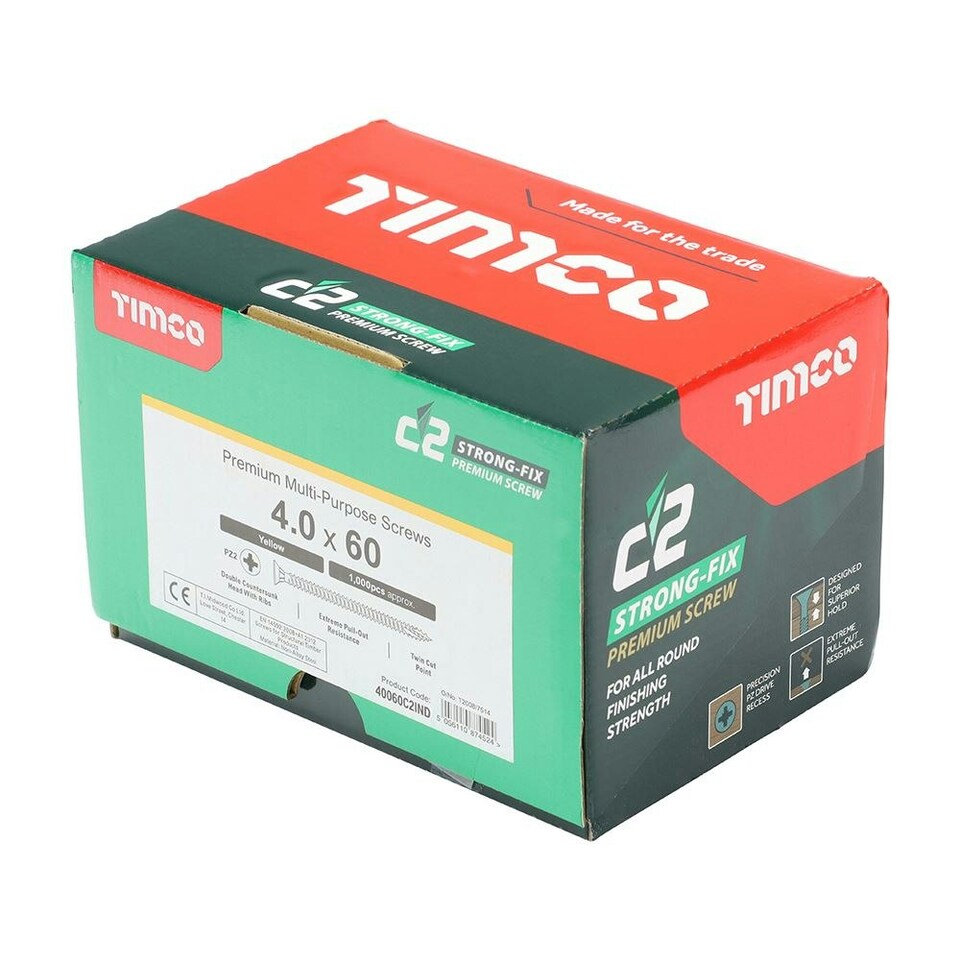image 1 of Timco - C2 Strong-Fix Multi-Purpose Premium Screws - Industry Pack - PZ - Double Countersunk - Yellow (Size 4.0 x 60 - 1000 Pieces)