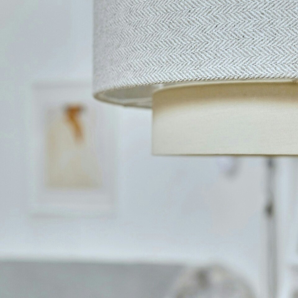 image 1 of ValueLights Cylinder Ceiling Pendant Light Shade in a Cream & Grey Herringbone Finish - Complete with a 10w LED GLS Bulb 3000K Warm White