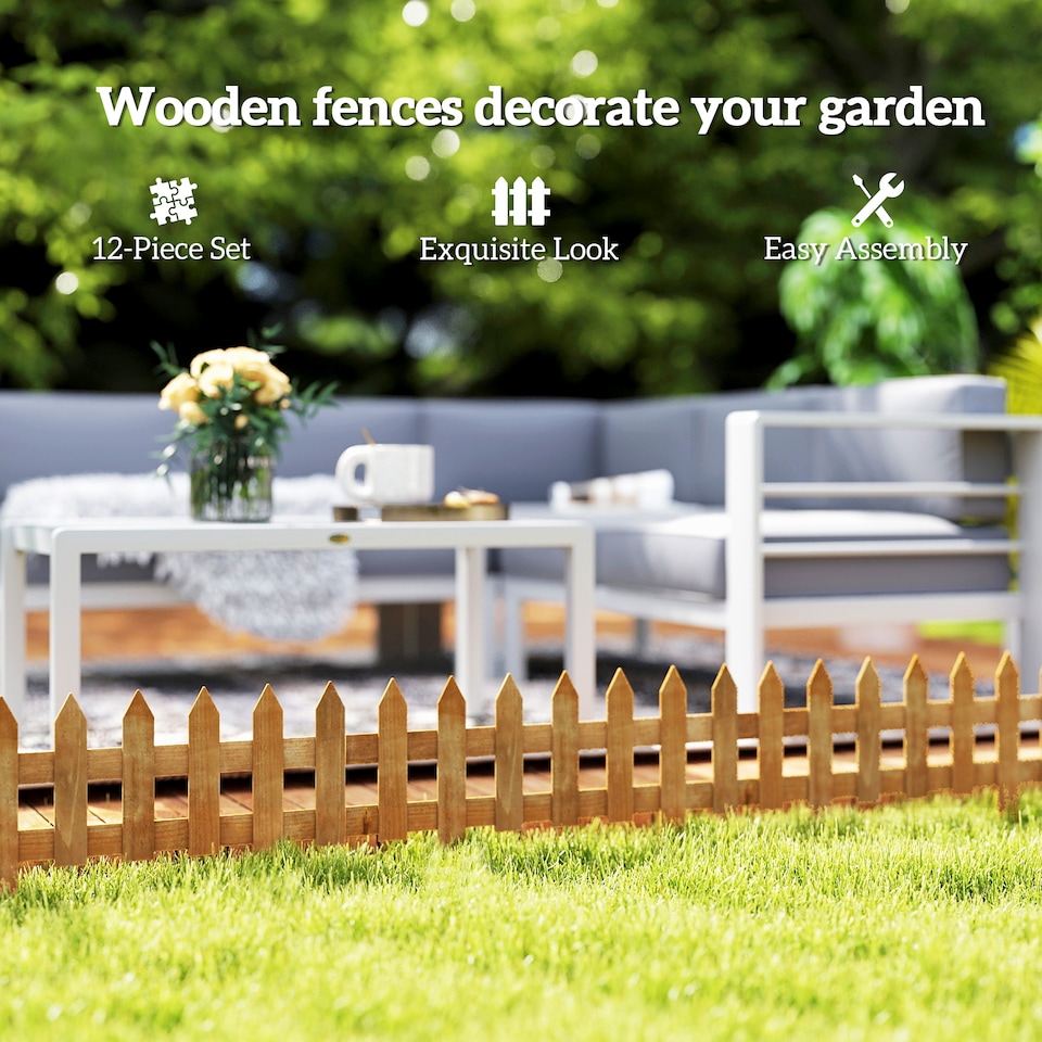 image 1 of Outsunny Pack of 12 Wooden Plant Border Fence Garden Fixed Picket Fence Brown