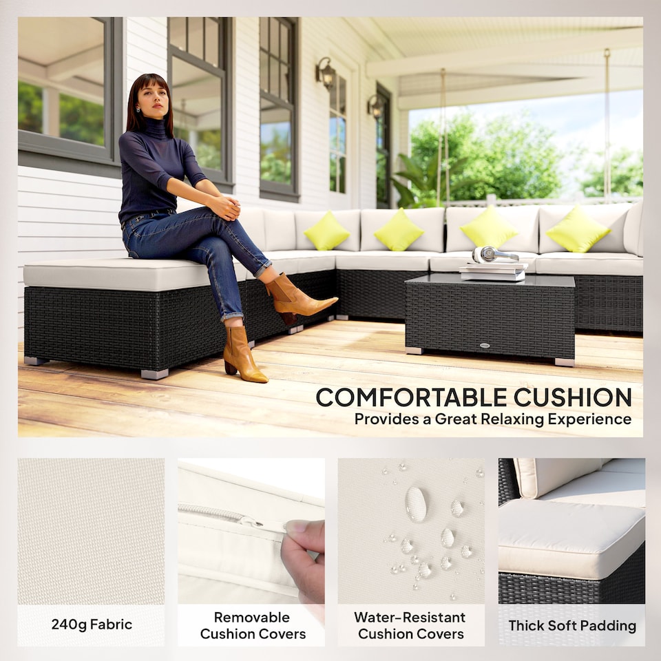 image 1 of Outsunny 8 Piece Rattan Corner Sofa Set with Wide & Deep Seat, Assembled Aluminium 7 Seater PE Rattan Garden Furniture Set with Thick Cushions and Glass Top Table for Outdoor, Conservatory, Black