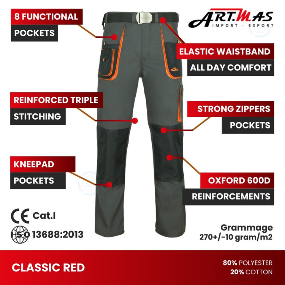 image 1 of ArtMas Grey Orange Work Trousers for Men  Durable Design with Knee Pad Pockets Cargo Storage and Reinforced Seams Size UK38
