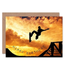 Skateborder Skatebord Ramp Sunset Action Shot Birthday Greeting Card