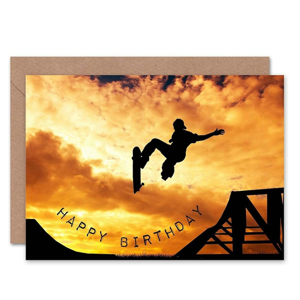 image 1 of Skateborder Skatebord Ramp Sunset Action Shot Birthday Greeting Card